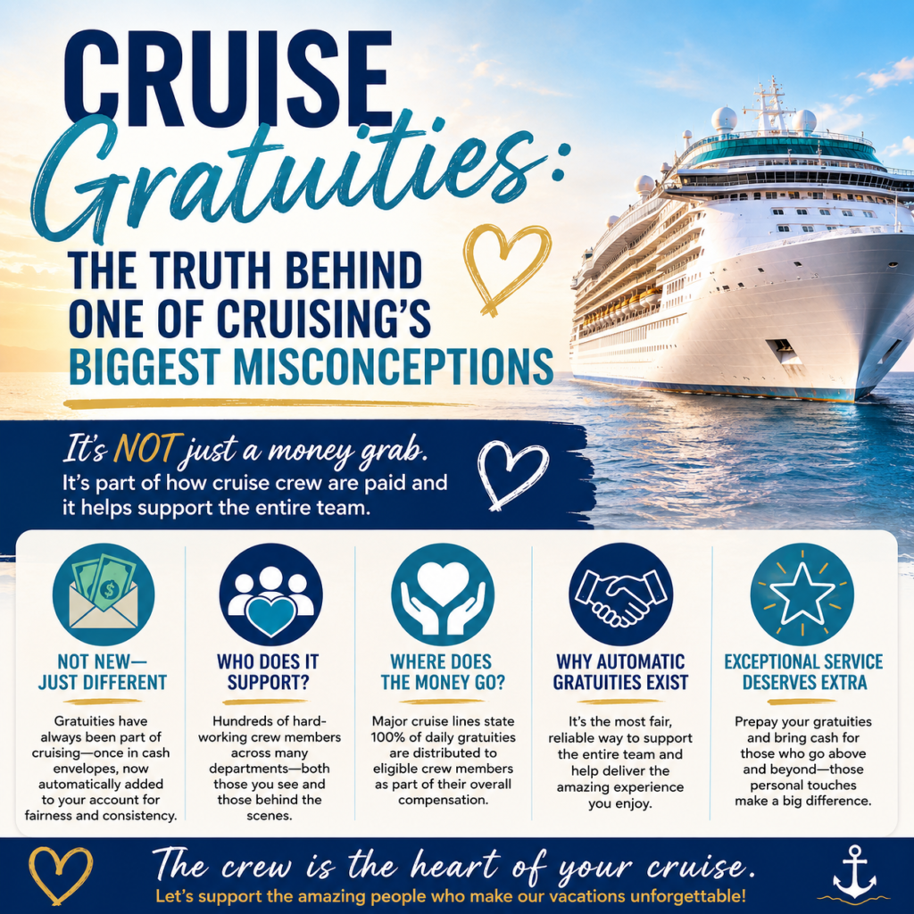 Cruise gratuities infographic explaining where cruise tips go, how automatic gratuities work, and why they support cruise ship crew members.