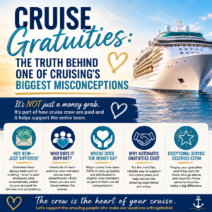 Cruise gratuities infographic explaining where cruise tips go, how automatic gratuities work, and why they support cruise ship crew members.