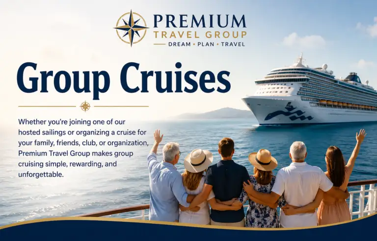 Premium Travel Group Group Cruises banner featuring travelers enjoying a cruise together with an ocean view and cruise ship, promoting hosted and organized group cruise vacations.