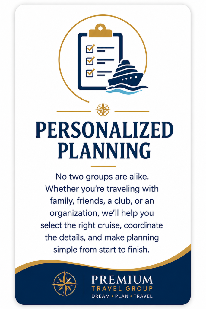 Personalized Planning illustration featuring a cruise planning checklist and ship, representing customized group cruise planning by Premium Travel Group.