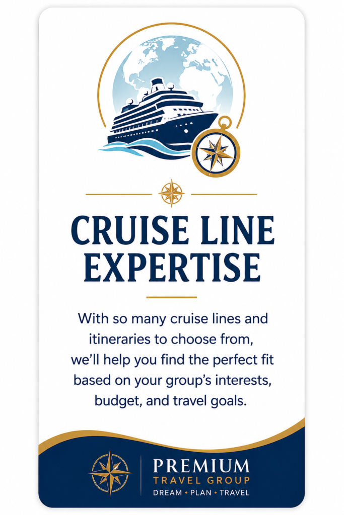 Cruise Line Expertise illustration featuring a cruise ship, globe, and compass, representing expert guidance in selecting the best cruise line and itinerary for your group.
