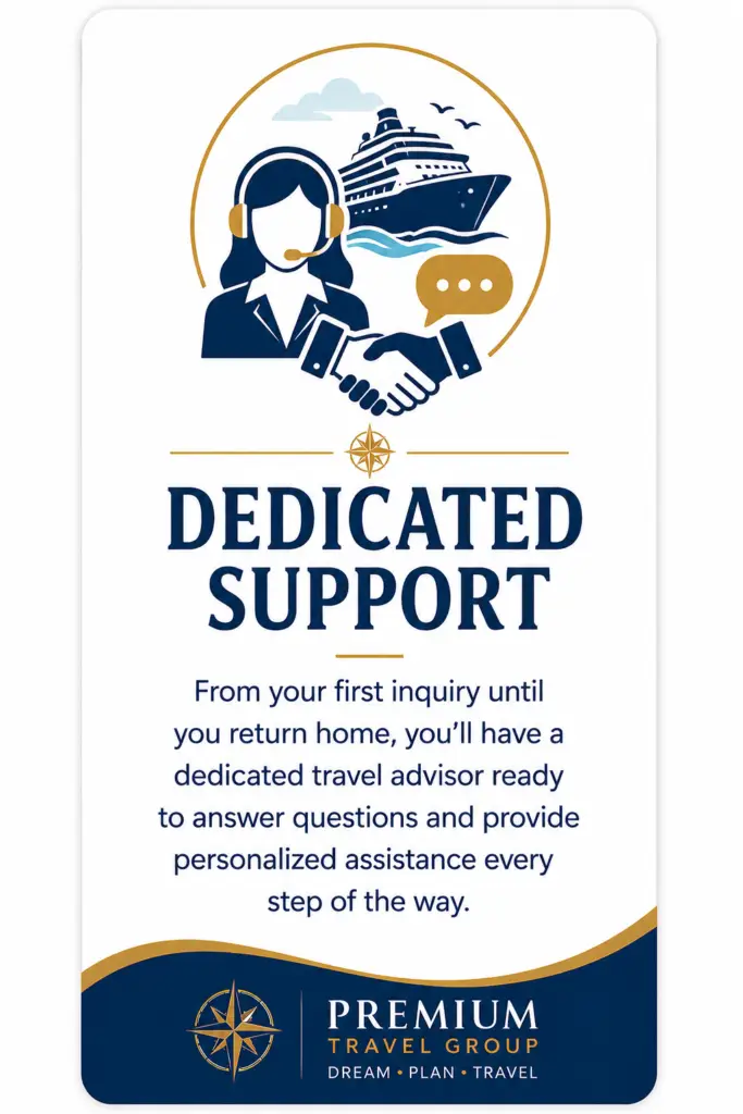Dedicated Support illustration featuring a travel advisor, handshake, and cruise ship, representing personalized assistance from Premium Travel Group throughout your group cruise journey.