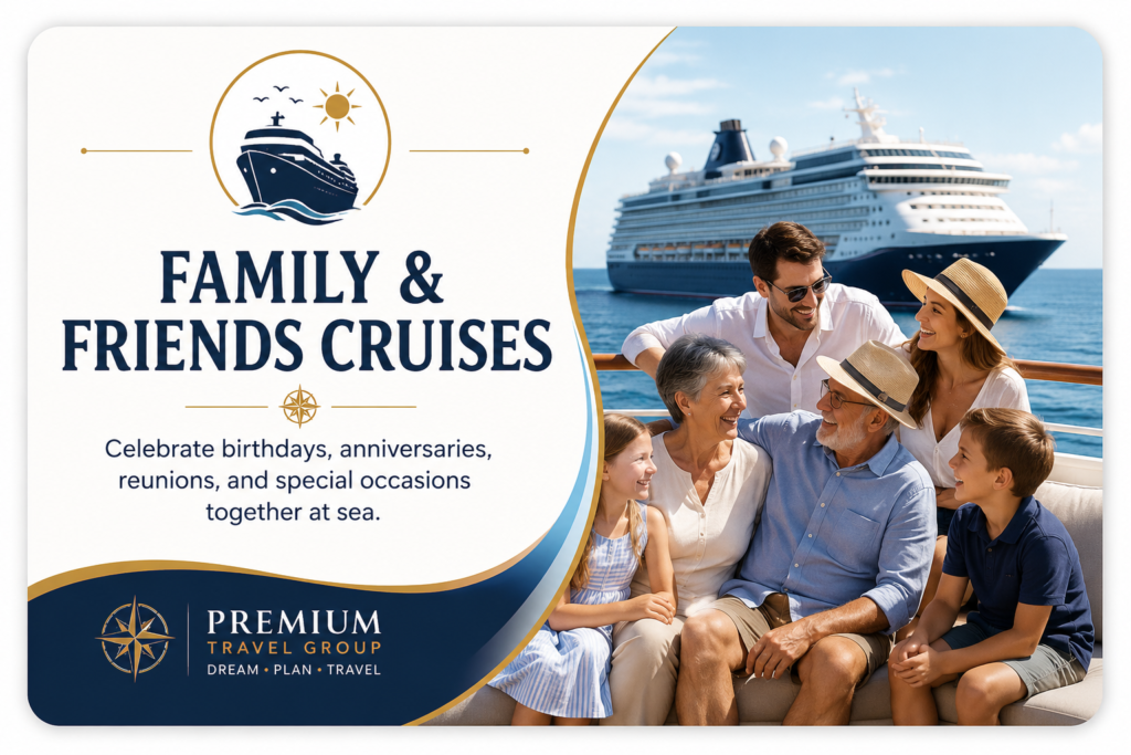Family & Friends Cruises banner featuring multiple generations enjoying time together aboard a cruise ship, representing group vacations, reunions, and special celebrations with Premium Travel Group.
