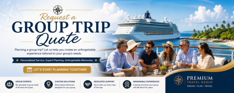 Request a Group Travel Consultation banner featuring a group of travelers relaxing aboard a cruise ship with an ocean backdrop and a modern cruise ship in the distance, representing personalized group vacation planning by Premium Travel Group.