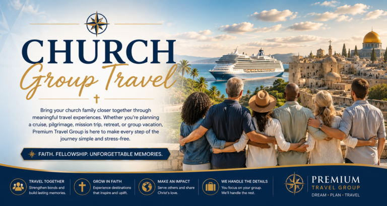 Church Group Travel banner featuring a church group overlooking a historic biblical destination with a cruise ship in the background, representing faith-based travel, pilgrimages, cruises, mission trips, and group vacations planned by Premium Travel Group.