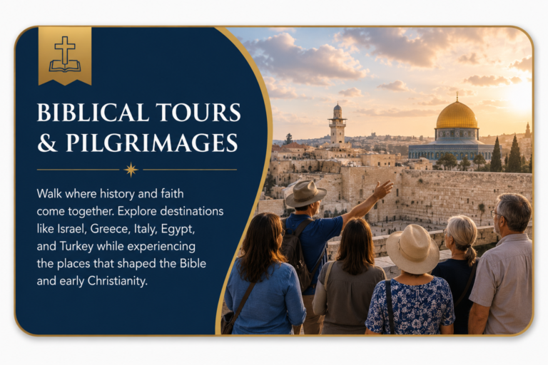 Biblical Tours & Pilgrimages banner featuring a church group overlooking Jerusalem, representing faith-based travel, Holy Land tours, and Christian pilgrimage experiences planned by Premium Travel Group.