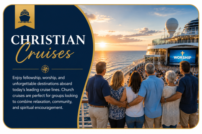 Christian Cruises banner featuring a church group enjoying worship aboard a cruise ship at sunset, representing faith-based cruises, Christian fellowship, and group travel with Premium Travel Group.