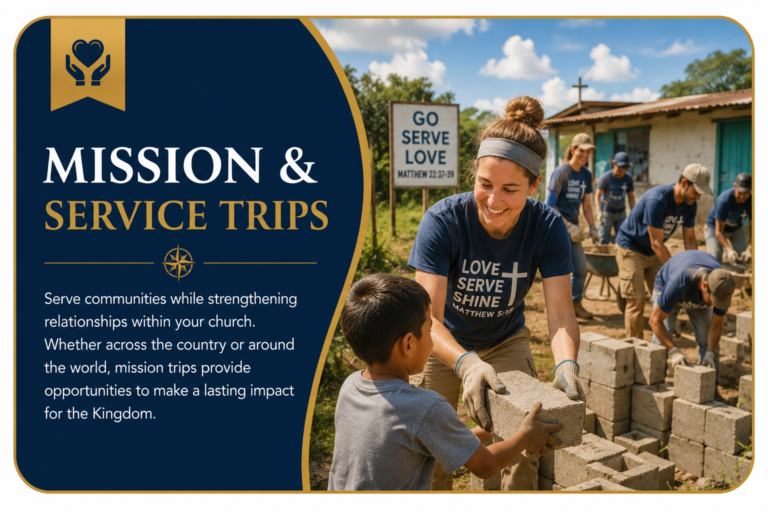 Mission & Service Trips banner featuring church volunteers serving a community through hands-on ministry, representing Christian mission travel, outreach, and service opportunities organized by Premium Travel Group.