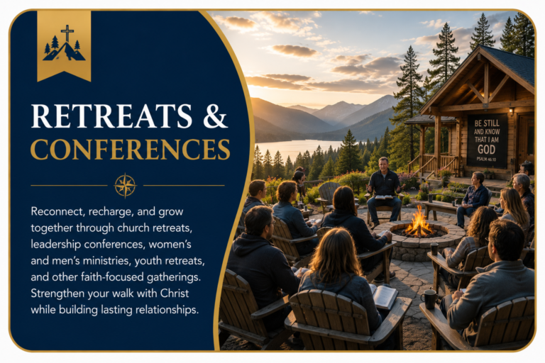 Retreats & Conferences banner featuring a church group gathered for Bible study and fellowship at a scenic mountain retreat, representing Christian retreats, leadership conferences, and faith-based gatherings planned by Premium Travel Group.