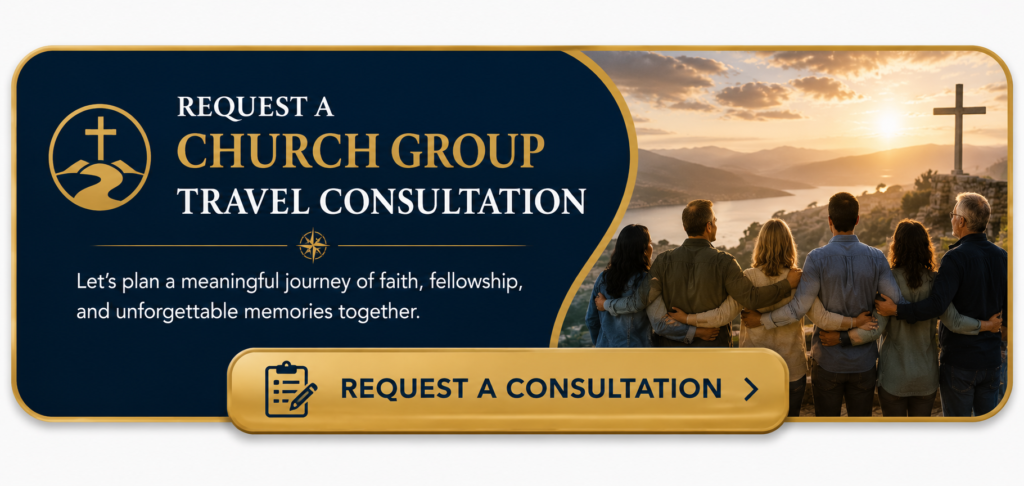 Request a Church Group Travel Consultation call-to-action banner featuring a church group overlooking a scenic destination at sunset with a cross in the background, inviting churches to begin planning faith-based travel with Premium Travel Group.