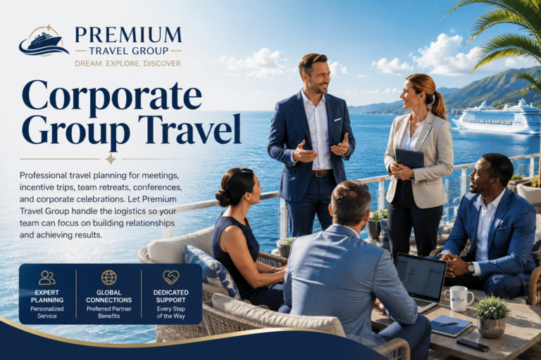 Corporate Group Travel hero banner featuring business professionals collaborating aboard a luxury cruise ship overlooking the ocean, representing meetings, incentive travel, team retreats, conferences, and corporate events planned by Premium Travel Group.