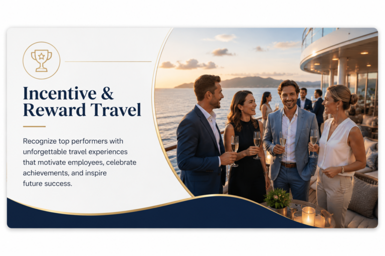 Incentive and Reward Travel graphic featuring business professionals celebrating aboard a luxury cruise ship, representing employee recognition, incentive trips, executive rewards, and corporate travel planned by Premium Travel Group.