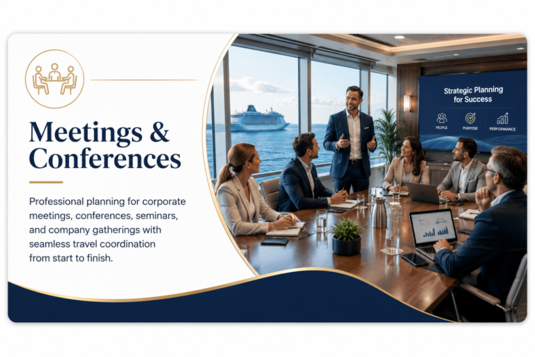 Meetings and Conferences graphic featuring business professionals collaborating during a corporate meeting with ocean views, highlighting conference planning, business events, seminars, and corporate travel coordination by Premium Travel Group.