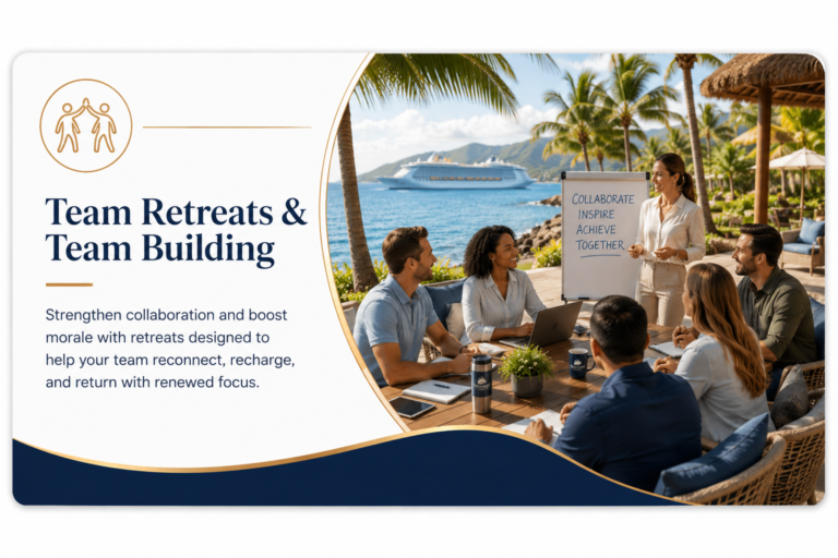 Team Retreats and Team Building graphic featuring employees participating in a collaborative retreat at a tropical resort, representing leadership development, team building, corporate retreats, and incentive travel by Premium Travel Group.