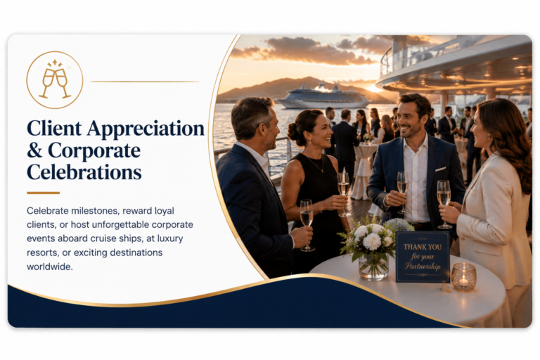 Client Appreciation and Corporate Celebrations graphic featuring business professionals networking during an upscale corporate event aboard a luxury cruise ship, representing client appreciation events, company celebrations, incentive travel, and corporate group experiences planned by Premium Travel Group.