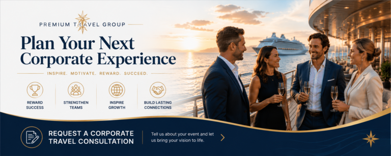Corporate Travel Consultation call-to-action banner featuring business professionals networking aboard a luxury cruise ship, inviting organizations to begin planning corporate meetings, incentive travel, team retreats, conferences, and client appreciation events with Premium Travel Group.