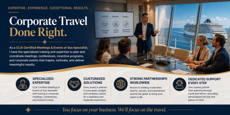Professional corporate travel certification banner featuring business professionals during a cruise ship meeting, highlighting Joe's CLIA Meetings & Events at Sea specialization and Premium Travel Group's expertise in corporate meetings, incentive travel, conferences, and executive retreats.